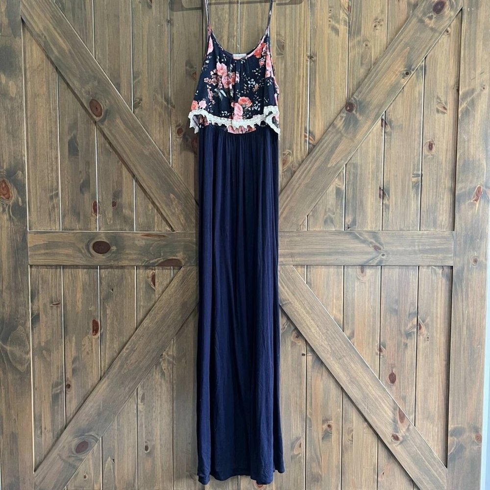 12pm By Mon Ami Womens Maxi Dress Blue Pink Floral Scoop Neck Sleeveless Knit S